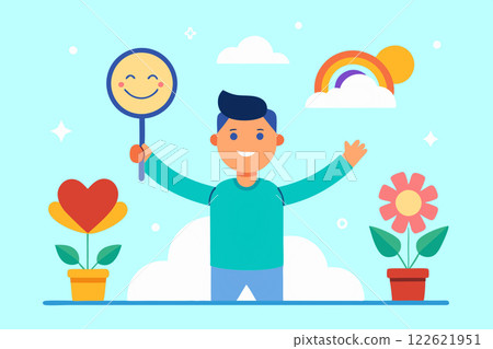 Satisfied happy cheerful man boy on sunny meadow 122621951