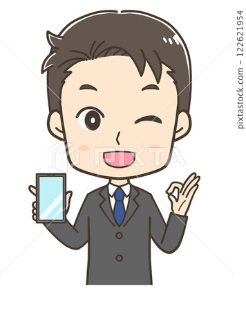 Upper body illustration of a businessman showing a smartphone screen and making an OK pose 122621954