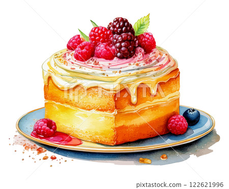 AI-generated watercolor illustration of a cake with fruit on it 122621996