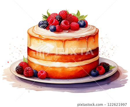 人工智慧生成的帶有水果的蛋糕水彩插圖 122621997