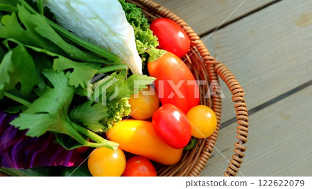 Vegetable medley reflecting eco symphony, natural colors promoting ecological balance, vegetables inspiring harmony between human living and environment. 122622079
