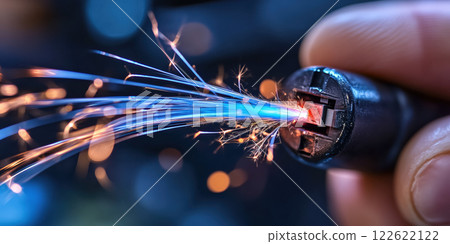 Close up of hand holding tool producing bright sparks and light 122622122