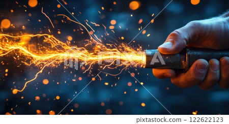 Close up of hand holding spark producing tool, creating bright sparks 122622123