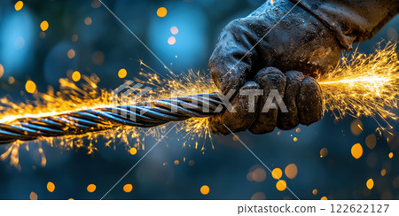 close up of hand gripping heavy duty wire, creating sparks close up of hand gripping heavy duty wire, creating sparks 122622127