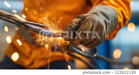 Close up of hand gripping heavy duty wire while sparks fly 122622130