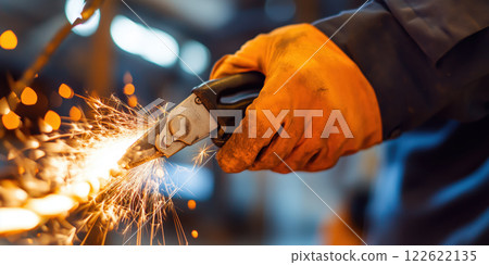 Close up of hand gripping tool, sparks flying in workshop Close up of hand gripping tool, sparks flying in workshop 122622135