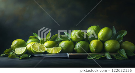Fresh green limes with leaves, some cut in half, on dark background 122622136