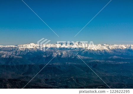 Panorama of high mountain peaks covered with snow on a clear day 122622295