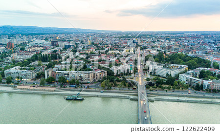 Aerial view of Novi Sad Serbia with Danube river bridge and urban architecture at sunset 122622409
