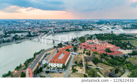 Aerial panoramic view of Petrovaradin fortress and Danube river in Novi Sad Serbia at sunset 122622410