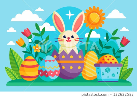 Easter spring. Nice bunny rabbit with traditional decorated eggs 122622582