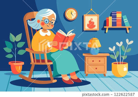 Nice kind granny with glasses in a rocking chair reading a book Nice kind granny with glasses in a rocking chair reading a book 122622587
