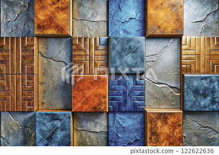 Checkered brown blue orange gray tiled warm surface with square tiles 122622636