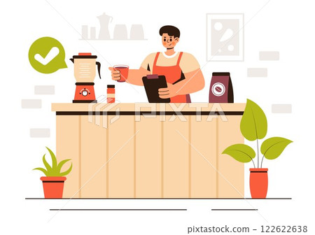 Coffee Tasting Vector Illustration featuring People Enjoying Specialty Coffee with Cups and a Kettle in a Cafe or Restaurant in a Flat Background 122622638