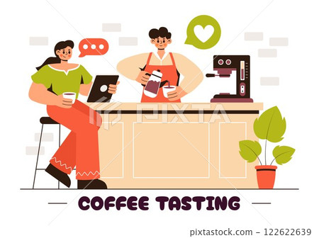 Coffee Tasting Vector Illustration featuring People Enjoying Specialty Coffee with Cups and a Kettle in a Cafe or Restaurant in a Flat Background Coffee Tasting Vector Illustration featuring People Enjoying Specialty Coffee with Cups and a Kettle in a Cafe or Restaurant in a Flat Background 122622639