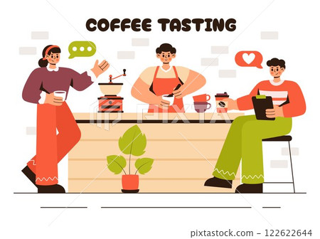 Coffee Tasting Vector Illustration featuring People Enjoying Specialty Coffee with Cups and a Kettle in a Cafe or Restaurant in a Flat Background Coffee Tasting Vector Illustration featuring People Enjoying Specialty Coffee with Cups and a Kettle in a Cafe or Restaurant in a Flat Background 122622644