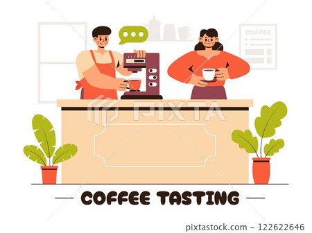 Coffee Tasting Vector Illustration featuring People Enjoying Specialty Coffee with Cups and a Kettle in a Cafe or Restaurant in a Flat Background Coffee Tasting Vector Illustration featuring People Enjoying Specialty Coffee with Cups and a Kettle in a Cafe or Restaurant in a Flat Background 122622646