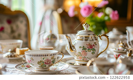 Elegant table setting for tea party with cakes and cupcakes in English manor. Selective focus. Vintage style 122622958