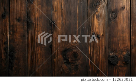 A close-up of aged wooden planks with intricate grain patterns, knots, and warm earthy tones 122623051