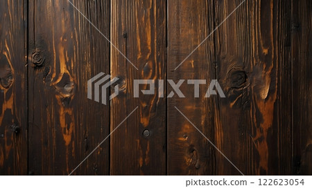 A close-up of aged wooden planks with intricate grain patterns, knots, and warm earthy tones 122623054
