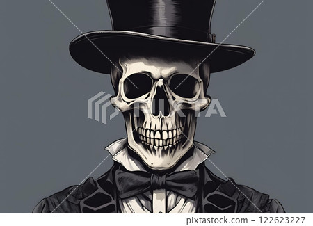 Illustration of a skeleton gentleman in a top hat and bow tie 122623227