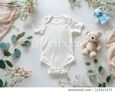 Blank white onesie mockup with baby themed decor 122623473