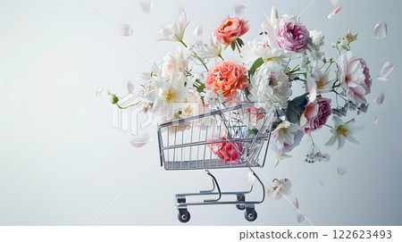 Shopping cart filled with spring flowers on white background 122623493