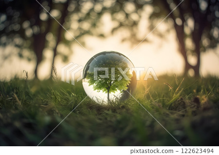 Green plant sprouting from a light bulb in sunlight 122623494