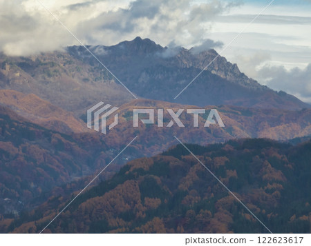 Beautiful autumn foliage in Kinasa and the Togakushi mountain range, Nagano City, Nagano Prefecture (aerial photography by drone) 122623617