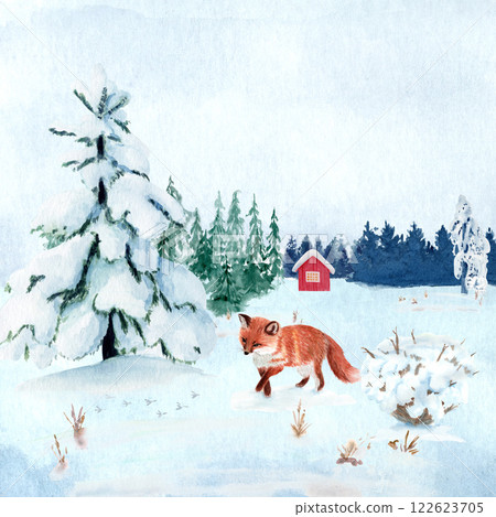 Fox in a winter landscape with a log house watercolor illustration. High quality hand drawn clip art perfect for cards, posters, books, home decor, as a design element for children products, calendars Fox in a winter landscape with a log house watercolor illustration. High quality hand drawn clip art perfect for cards, posters, books, home decor, as a design element for children products, calendars 122623705