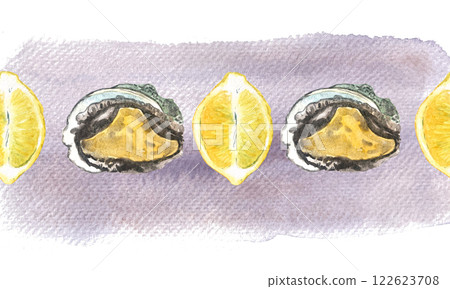 Abalone in a shell and lemon watercolor seamless border on purple background. High quality hand-drawn clip art for notebooks, cook book, wrapping paper, menu, cards, stickers, tourism, dishes, room 122623708