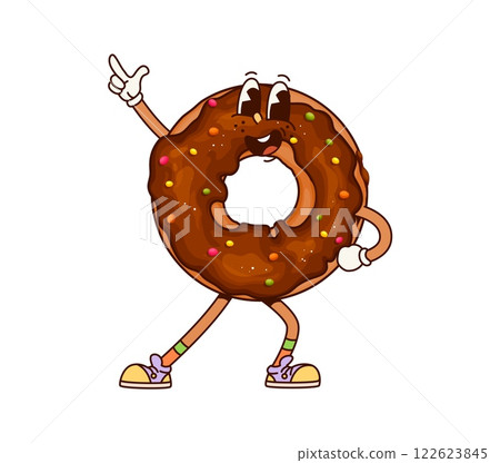 Donut dessert groovy character with funny face and happy smile, cartoon vector. Groovy donut pastry with chocolate and caramel sprinkles dancing disco in hipster shoes as comic cartoon sweet character Donut dessert groovy character with funny face and happy smile, cartoon vector. Groovy donut pastry with chocolate and caramel sprinkles dancing disco in hipster shoes as comic cartoon sweet character 122623845