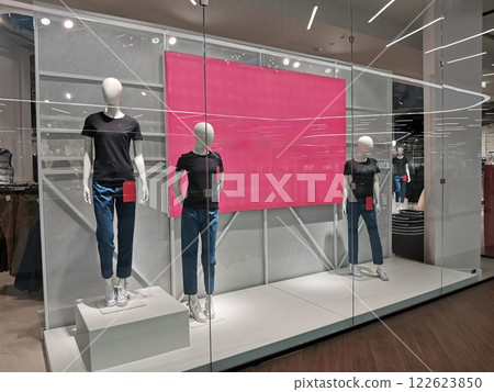 Sale in apparel shop. Window display, copy space 122623850