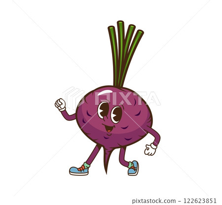 Cartoon groovy beetroot character with happy smile on face, vector comic vegetable emoji. Funny groovy beet with happy smile for vegetable character or veggie emoticon and retro cartoon personage Cartoon groovy beetroot character with happy smile on face, vector comic vegetable emoji. Funny groovy beet with happy smile for vegetable character or veggie emoticon and retro cartoon personage 122623851