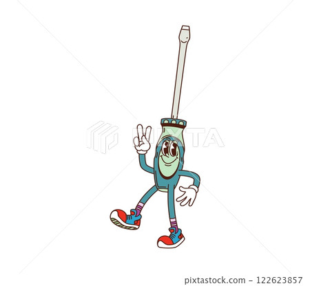 Groovy screwdriver work tool, cartoon DIY character with funny face, vector comic emoji. Groovy building or DIY repair tool screwdriver with happy smile and Hi peace gesture as retro cartoon character 122623857