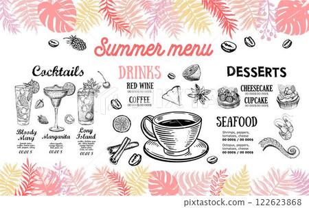 Summer menu, template design. Food flyer. Hand-drawn style. Vector illustration. Summer menu, template design. Food flyer. Hand-drawn style. Vector illustration. 122623868