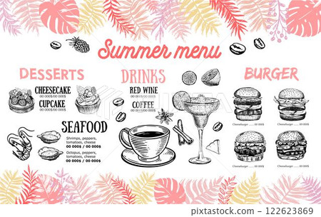 Summer menu, template design. Food flyer. Hand-drawn style. Vector illustration. Summer menu, template design. Food flyer. Hand-drawn style. Vector illustration. 122623869
