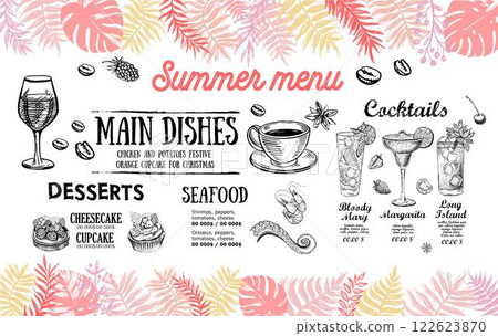 Summer menu, template design. Food flyer. Hand-drawn style. Vector illustration.	 122623870