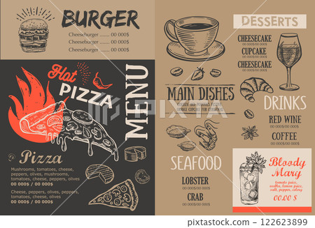 Menu, Restaurant cafe, template design. Food flyer.	 122623899