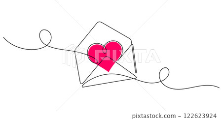 love message envelope with heart shape hand drawn one line drawing continuous valentine 122623924