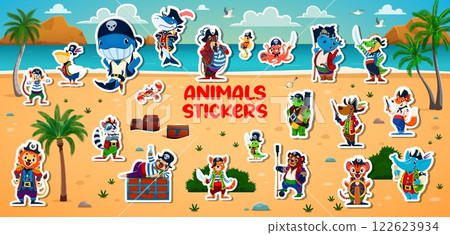 Animal pirate and corsair characters, sailor filibusters stickers pack. Funny pirate captain, sailor and skipper vector personages at treasure island. Cartoon corsair shark, elephant, bear, cat or dog 122623934