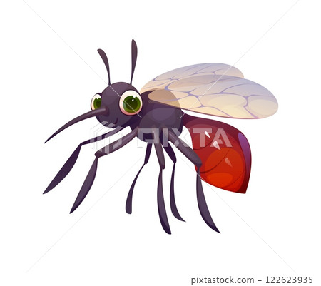 Cartoon funny mosquito insect character. Isolated cute vector pesky mosquito, winged pest with large expressive green eyes, vibrant red abdomen, translucent wings, playful expression and sharp sting 122623935