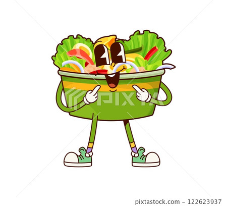 Fast food groovy caesar salad cute character. Vegetarian cafe healthy meal cheerful cartoon mascot, takeaway restaurant dish happy groovy vector character. Fast food caesar salad funny personage 122623937