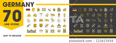 Germany travel and landmark line icons of vector german flag, map, beer and sausage, castle and cathedral buildings. Outline Germany Oktoberfest pretzel, windmill and football ball, road and car icons 122623938