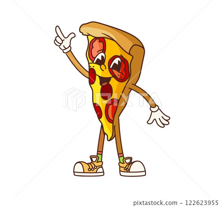 Groovy fast food pizza slice retro cartoon character with funny face, vector comic emoji. Groovy pizza piece with salami, cheese and happy smile for fast food cartoon emoji or pizzeria menu character 122623955