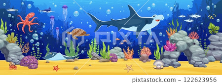 Underwater landscape, cartoon game background with cute fish and sea animals characters, vector UI asset. Shark, octopus, jellyfish and sea turtle, crab, starfish and seashell, underwater landscape Underwater landscape, cartoon game background with cute fish and sea animals characters, vector UI asset. Shark, octopus, jellyfish and sea turtle, crab, starfish and seashell, underwater landscape 122623956