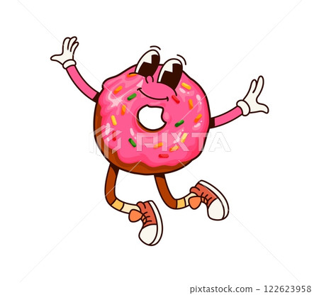 Groovy breakfast dessert donut funny character. Sweet takeaway pastry funny character, street cafe dessert meal isolated groovy vector mascot. Tasty fastfood donut jumping and happy smiling personage Groovy breakfast dessert donut funny character. Sweet takeaway pastry funny character, street cafe dessert meal isolated groovy vector mascot. Tasty fastfood donut jumping and happy smiling personage 122623958