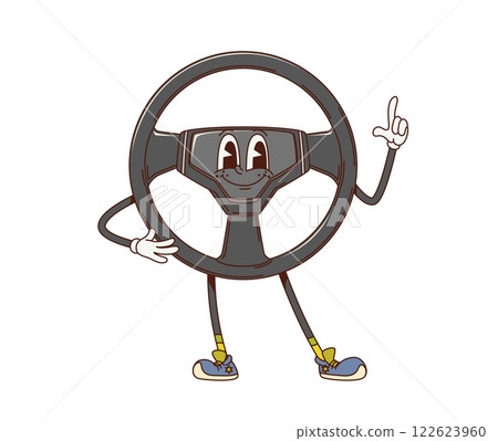 Cartoon retro groovy car steering wheel character. Vehicle driving or repair childish groovy mascot, car spare part comical cartoon character. Automobile steering wheel funny isolated vector personage 122623960