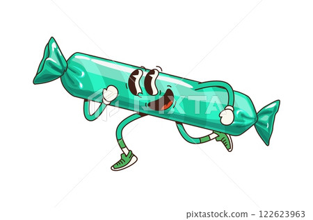 Retro groovy candy sweet character. Cartoon vector sugar food. Cheerful hippie bon bon personage with a vibrant, teal wrapper, playful expression and running pose, exuding a fun and nostalgic y2k vibe 122623963