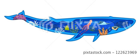Whale silhouette with underwater landscape. Underwater deep wildlife 3d vector wallpaper, sea aquatic life scene or marine water world paper cut landscape with squid, manta ray, jellyfish, seaweeds 122623969